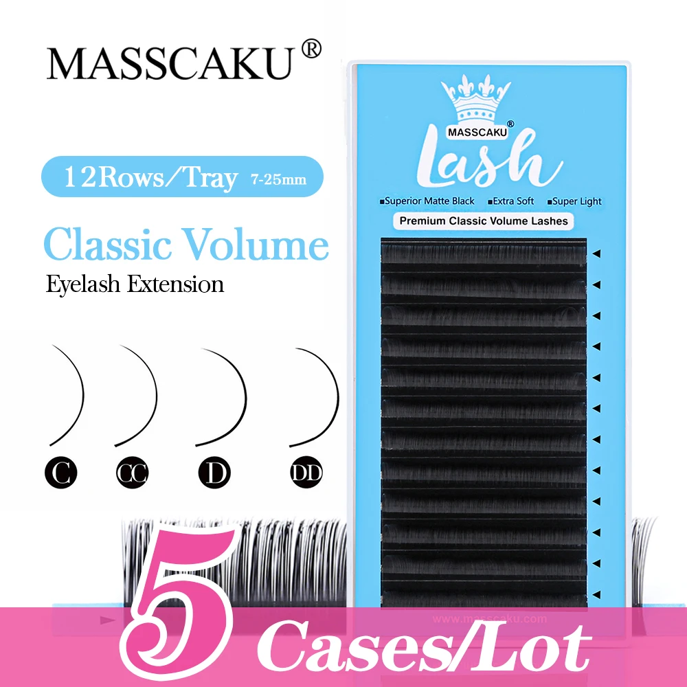 

5cases/lot MASSCAKU Faux Mink Lashes Natural Premium Matte Black Individual Classic Eyelash Extensions C/D/L Curl For Makeup