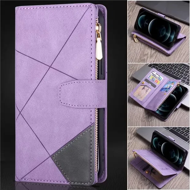 

Wallet Line Splicing Card Slot Zipper Flip Leather Cover For iPhone 16 15 14 13 12 11 Pro Max Plus Mini Card Pocket Phone Case