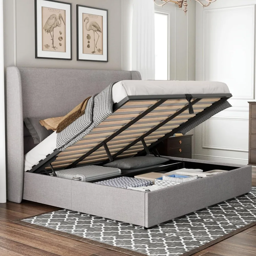 OCISLAND Lift Storage Bed King Size Linen Upholstered Platform Bed Frame / Hydraulic Locker / No Box Springs Required