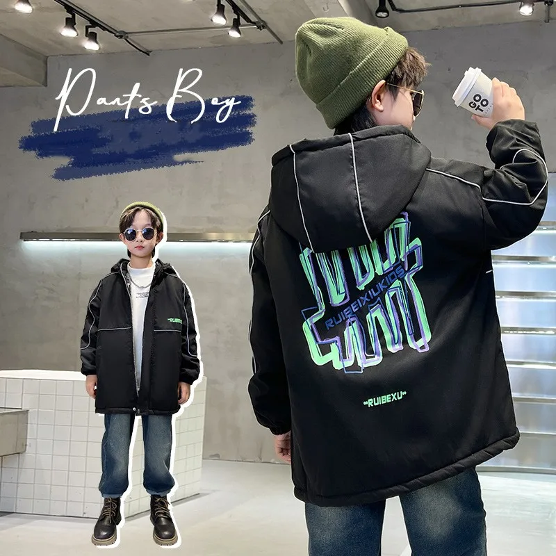 

Winter Warm Boys Reflective Strips Fleece Lined Zip Puff Jackets School Kids Windbreaker Parka Children Rain Coat Outfits 5-16Yr