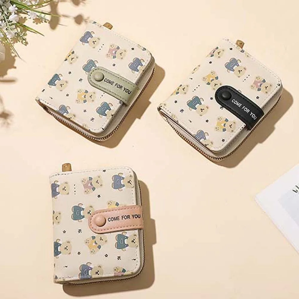 

Zipper Portable Cartoon Bear Wallet Patterned PVC Women Card Bag Snap Button Candy Color Lady Short PU Purses School