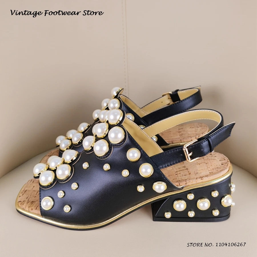 

Сандалии с открытой пяткой, украшенные искусственным жемчугом, повседневная обувь на блочном каблуке с квадратным открытым носком, женские летние вечерние туфли на высоком каблуке с пряжкой и ремешком