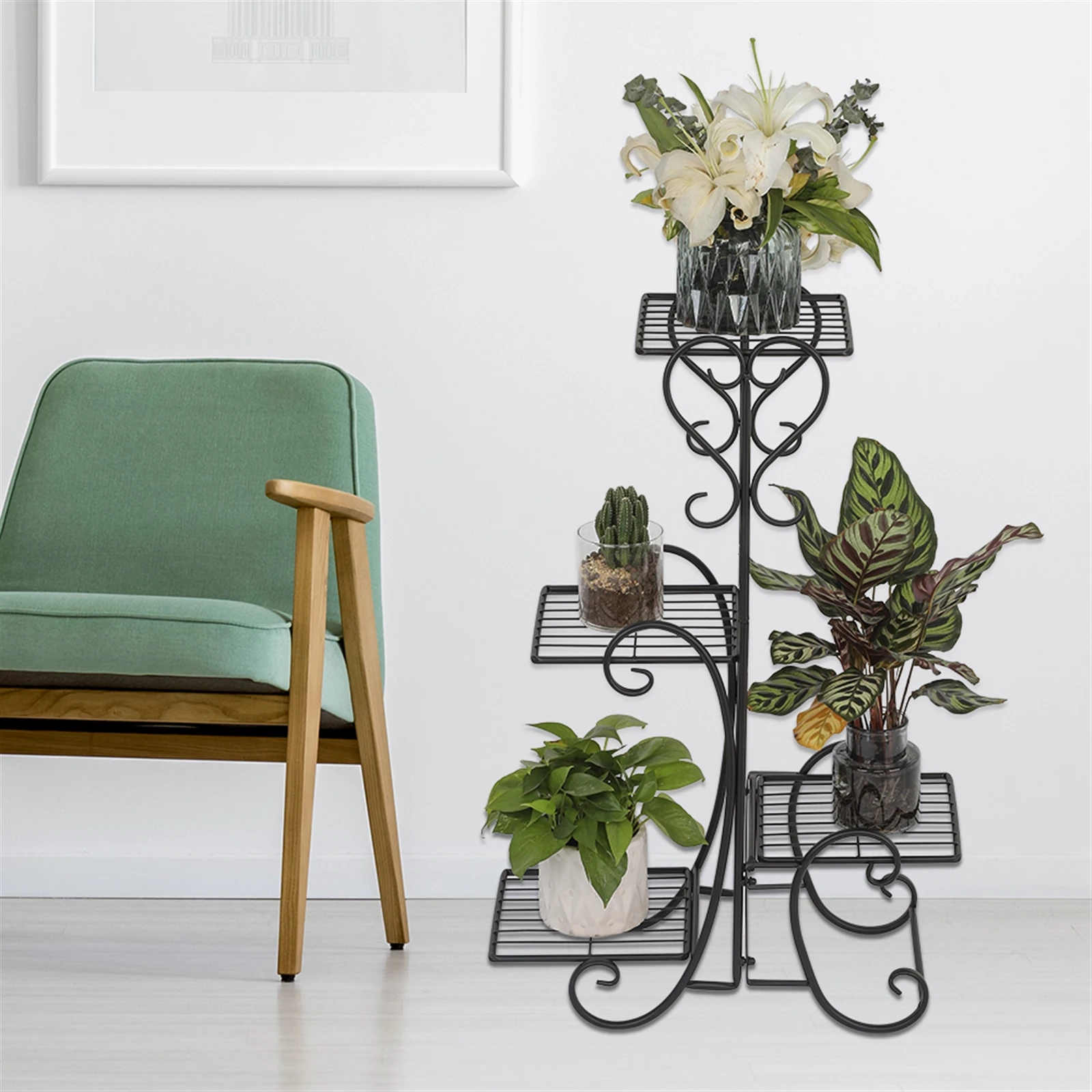 4 Potted Square Flower Metal Shelves Plant Pot Stand Decoration for Indoor Outdoor Garden Black