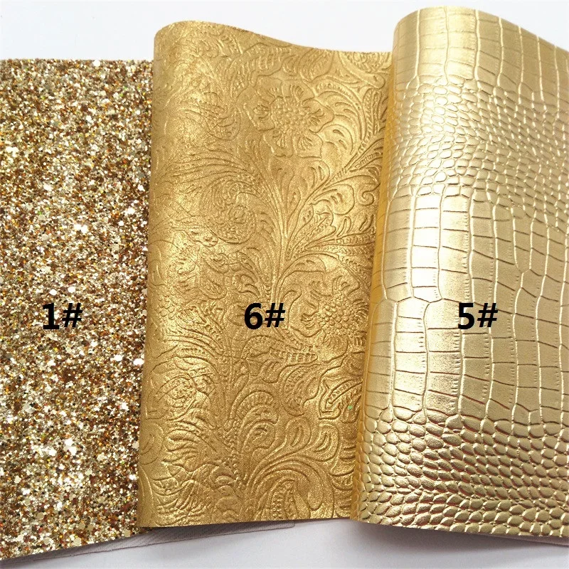 Gold Glitter Leather Sheets Floral Crocodile Embossed Faux Leather Patent Mirror Faux Leather for DIY Craft 8.2