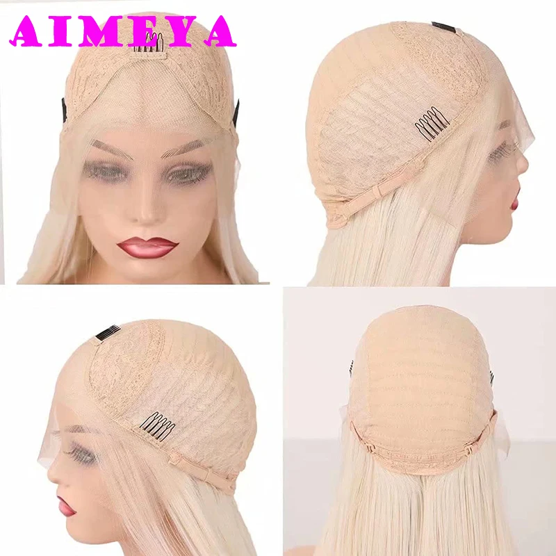 AIMEYA Platinblonde Lace-Front-Perücken für Frauen, langes natürliches Wellen-Kunsthaar, hitzebeständiges Faserhaar, freier Teil