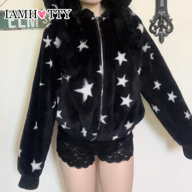 

IAMHOTTY Star Print Furry Teddy Coat Fall Winter Christmas Halloween Loose Zip-up Hoodie Gothic Flannel Hooded Sweatshirts Y2K