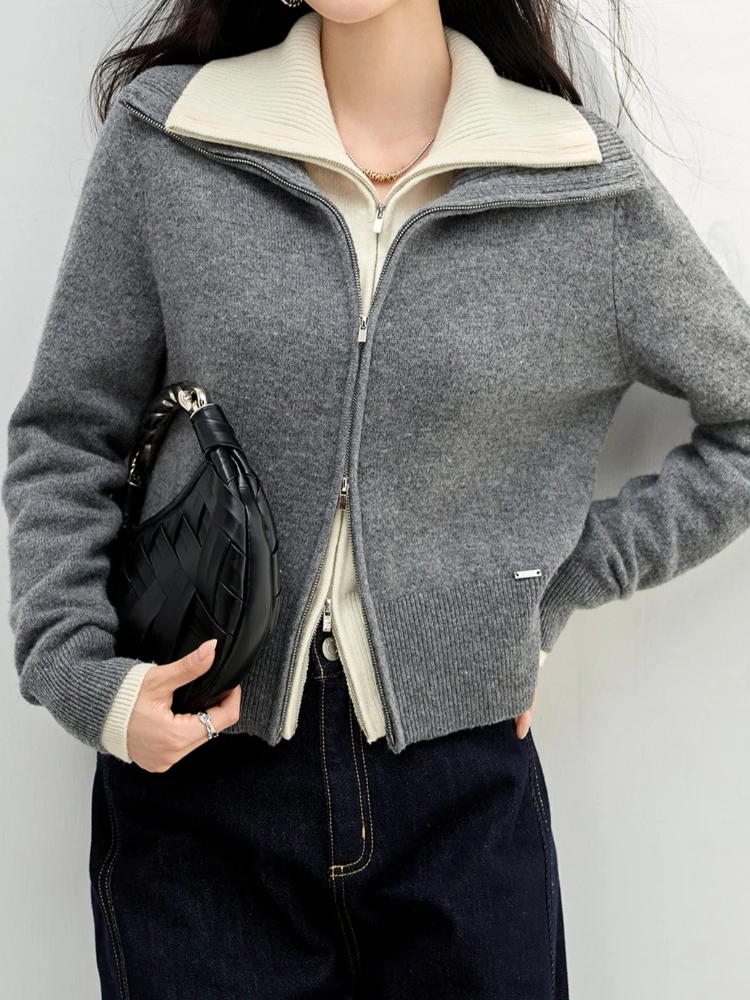 2026 Autumn Winter Women Lapel Collar Double Zipper Knit Sweater Casual Long Sleeve Knitted Pullover Tops