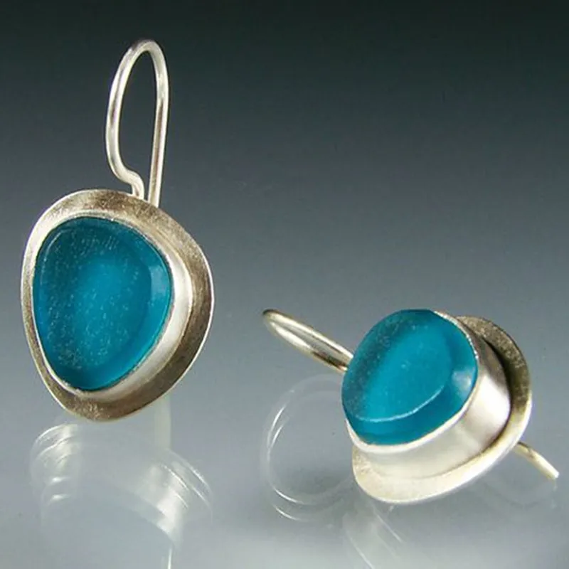 Vintage Silver Color Earrings Fashion Metal Inlaid Blue Stone Hook Shape Women's Party Earring Jewelry