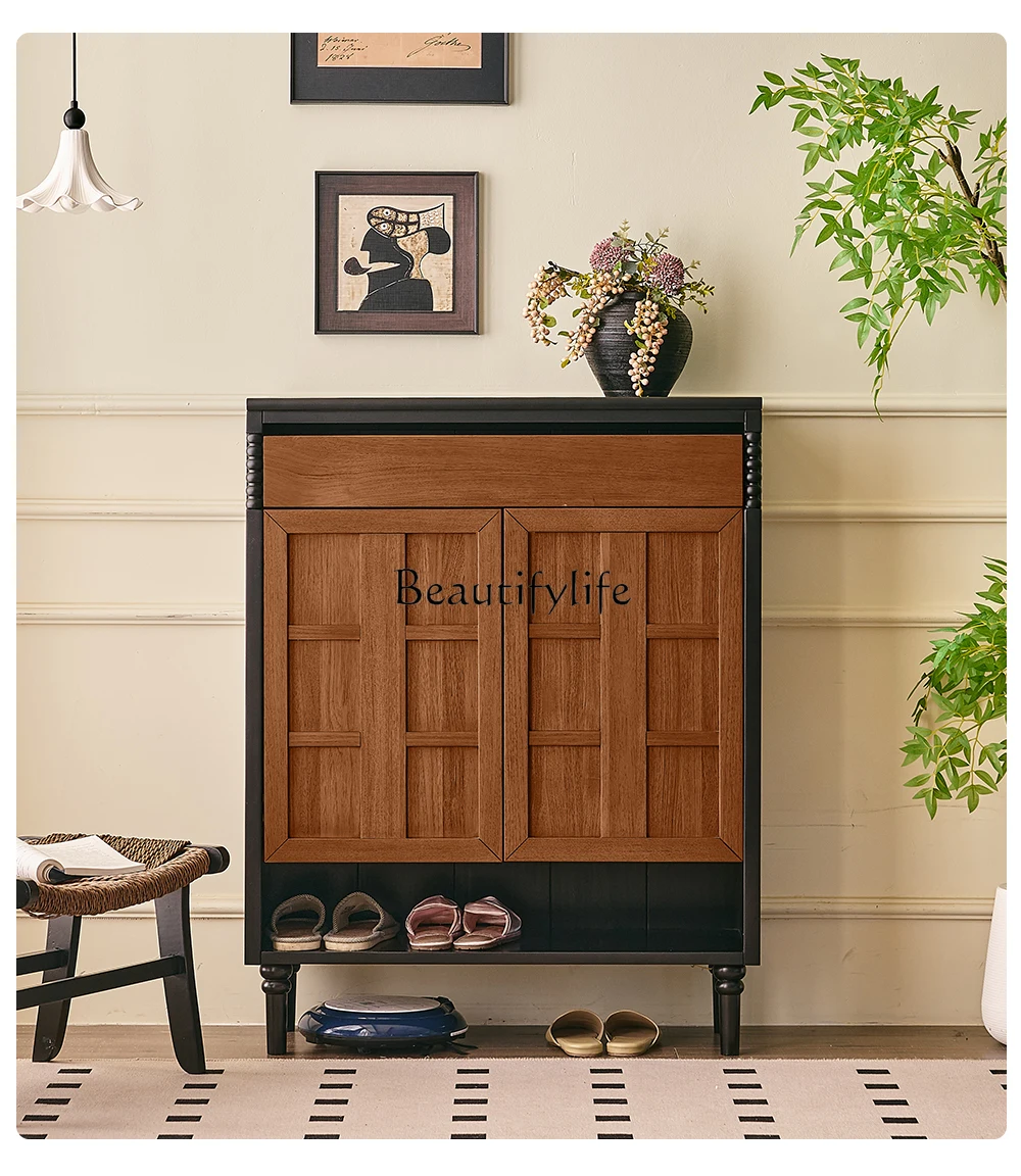 

French retro all-solid wood partition cabinet, living room, American entrance storage, antique side cabinet