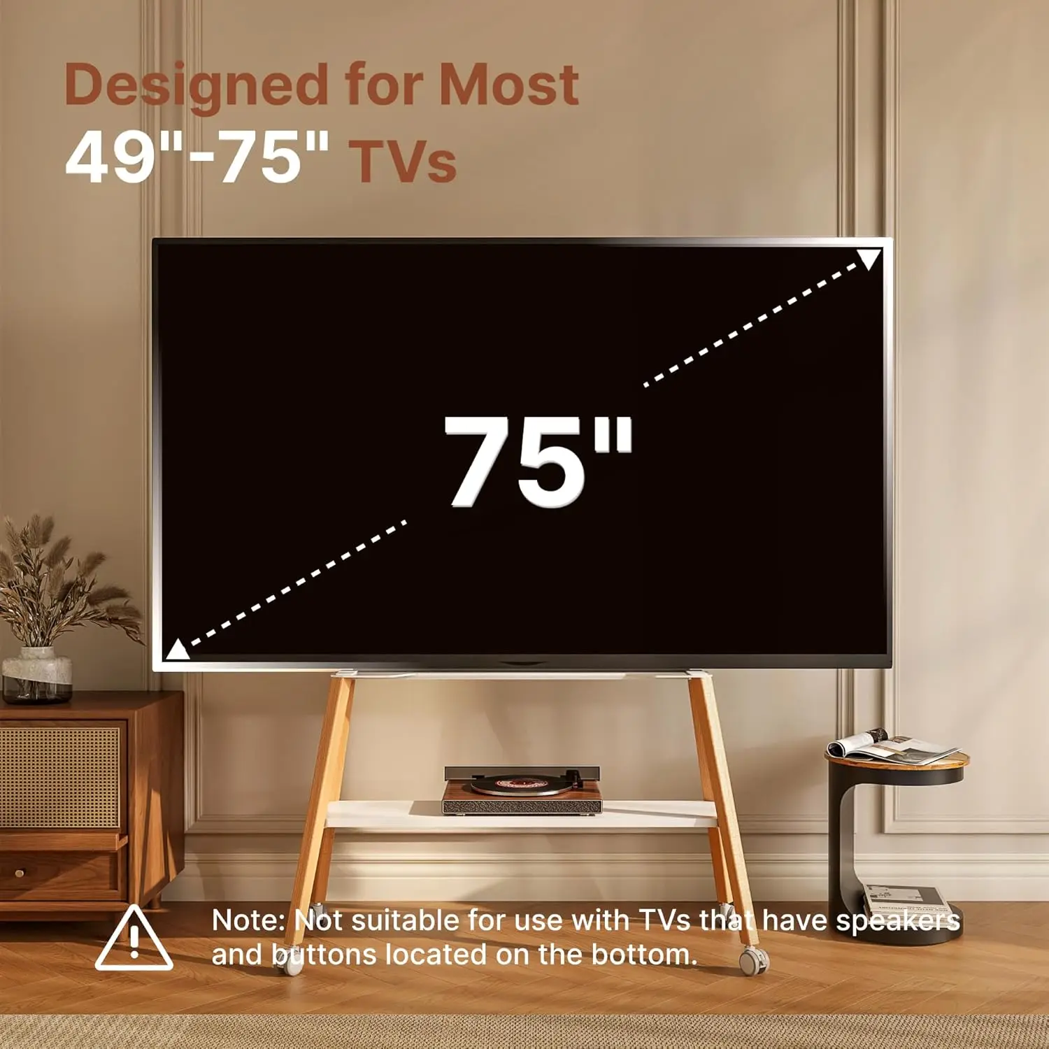 Rolling Easel TV Stand for 49–75 Inch TVs, Mobile TV Cart with Lockable Wheels, Cable Management, Metal Support Frame, Wooden Le