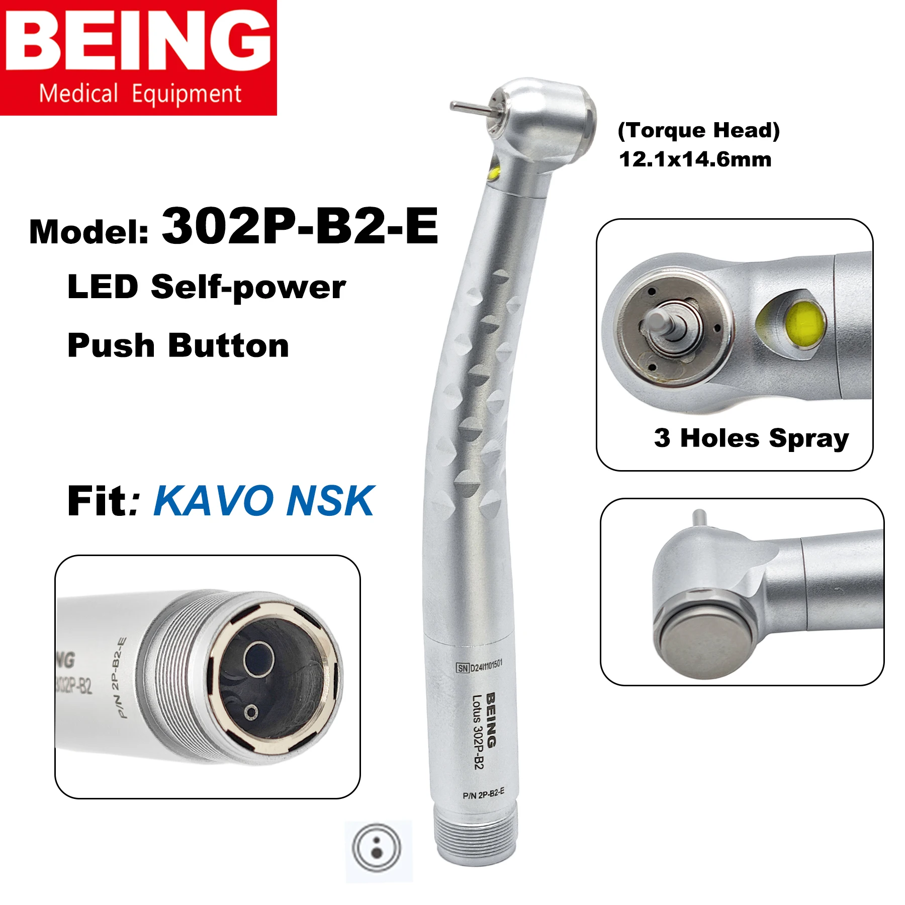 Being Dental LED Handpiece Self-Power High Speed Handpiece Push Button Standrad/Torque Head 2/4 Holes Fit NSK KAVO