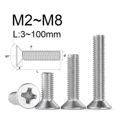 Tornillos de cabeza avellanada Phillips, pernos de cabeza avellanada plana cruzada de acero inoxidable 100, M2, M2.5, M3, M4, piezas, M5, M8, 3 ~ 316 M6