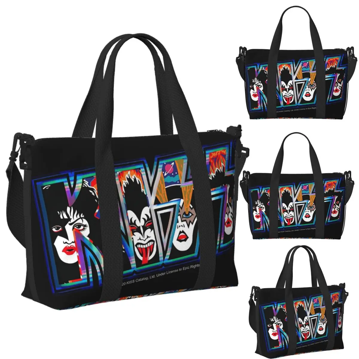 

Custom Kiss Rock Band Retor Beach Travel Bag Large Capacity Tote Bags for Gym Yoga Women Shopping Duffle Shoulder Bag