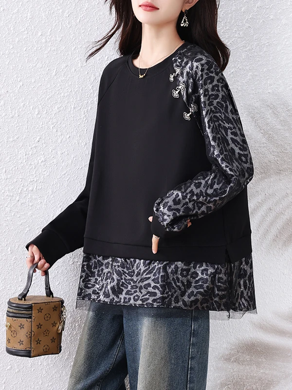 Loose round Neck Mesh Bright Thread Leopard Print Patchwork Sweatshirt for plus Size Women Autumn New Arrival Casual Top