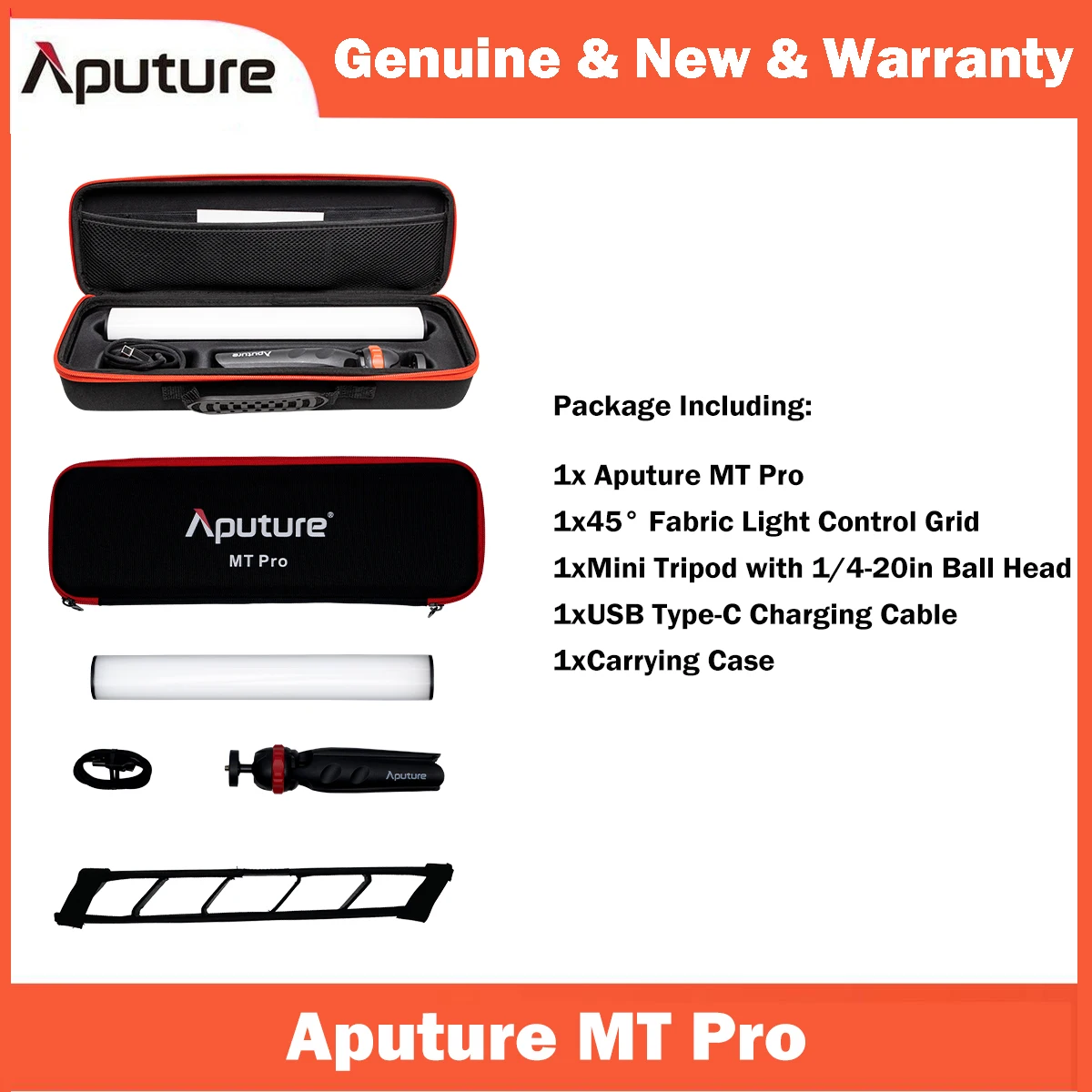 Aputure MT Pro RGB Tube Light 7.5W CCT from 2000K -10000K Output Pixel-Mappable Support Sidus Link Bluetooth App Control
