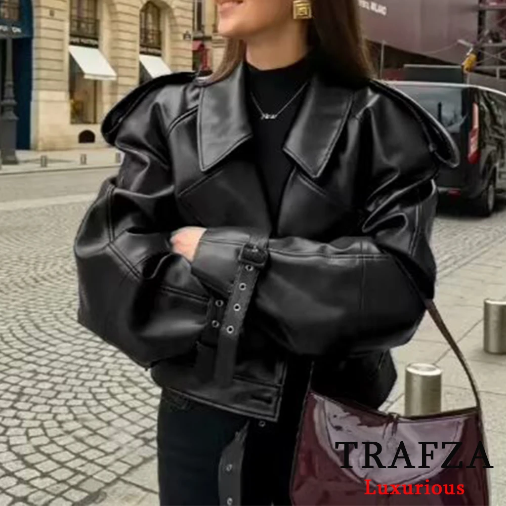 TRAFZA Vintage Chic Claret Leather Jackets Women V Neck Long Sleeve Sashes Faux Leather Coats Fashion 2024 Autumn Winter Outwear