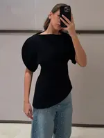 HH Women Vintage Black Short Puff Sleeve Shirts O Neck Asymmetrical Hem Blouse 2026 Spring Trend High Street Lady Chic Tops - Image 5