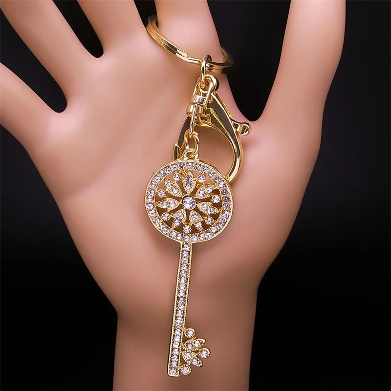 Ästhetische Schlüssel Form Strass Metall Keychain für Frauen/Männer Gold Farbe Blume von Leben Schlüssel Kette Geschenk Schmuck llavero KXHK1335S01