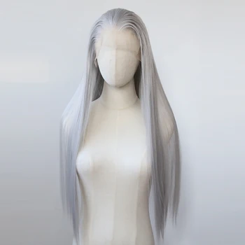 실버 그레이 합성 레이스 프론트 가발, 긴 스트레이트 레이스 프론트 합성 가발, 미리 뽑은 내열성 헤어, 데일리 착용 코스프레
