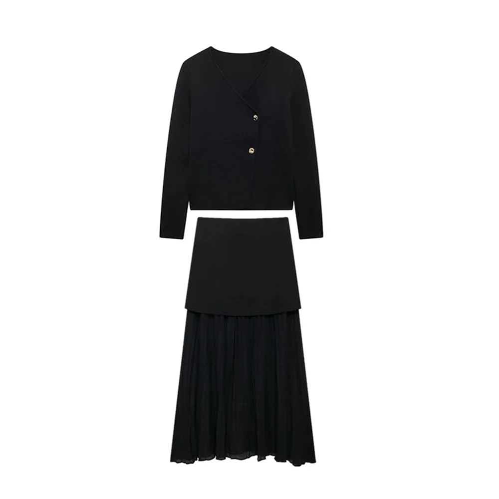 PB&ZA2024 Autumn New Women's Clothing Style Slimming Asymmetric Design Knitted Coat Small Folded Splicing Skirt Set