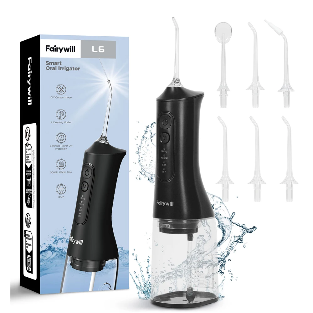 Fairywill Water Flossers Oral Irrigator Rechargeable Portable Dental 4 Modes Water Tank for Teeth 300ML Waterproof Teeth Cleaner