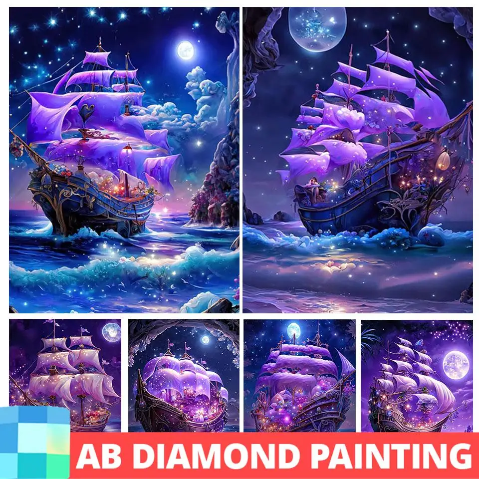 AB Drill Blue Moon Sea DIY Бриллиантовая лодка парусный костюм с вышитыми мозаиками