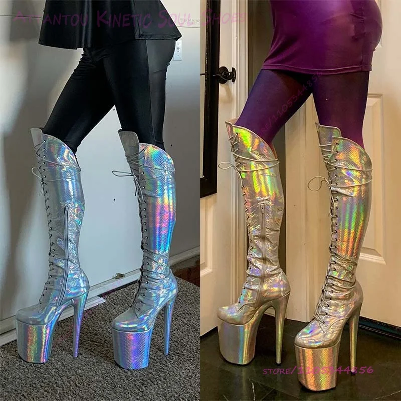 Gold Metallic Crocodile Print Knee Boots 20cm 8 Inches Women Platform Pole Dancing Sexy Lace Up Zipper Heel Girl Club Stage Shoe