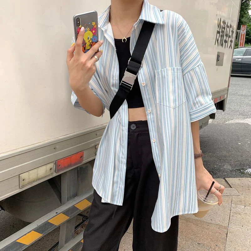 Harajuku Losse Gestreepte Shirt Vrouwen 2025, Korte Mouw Kraagvorm Zomer Blouse Vrouw Vintage Pocket Mix Kleur Shirts Vrouwelijke