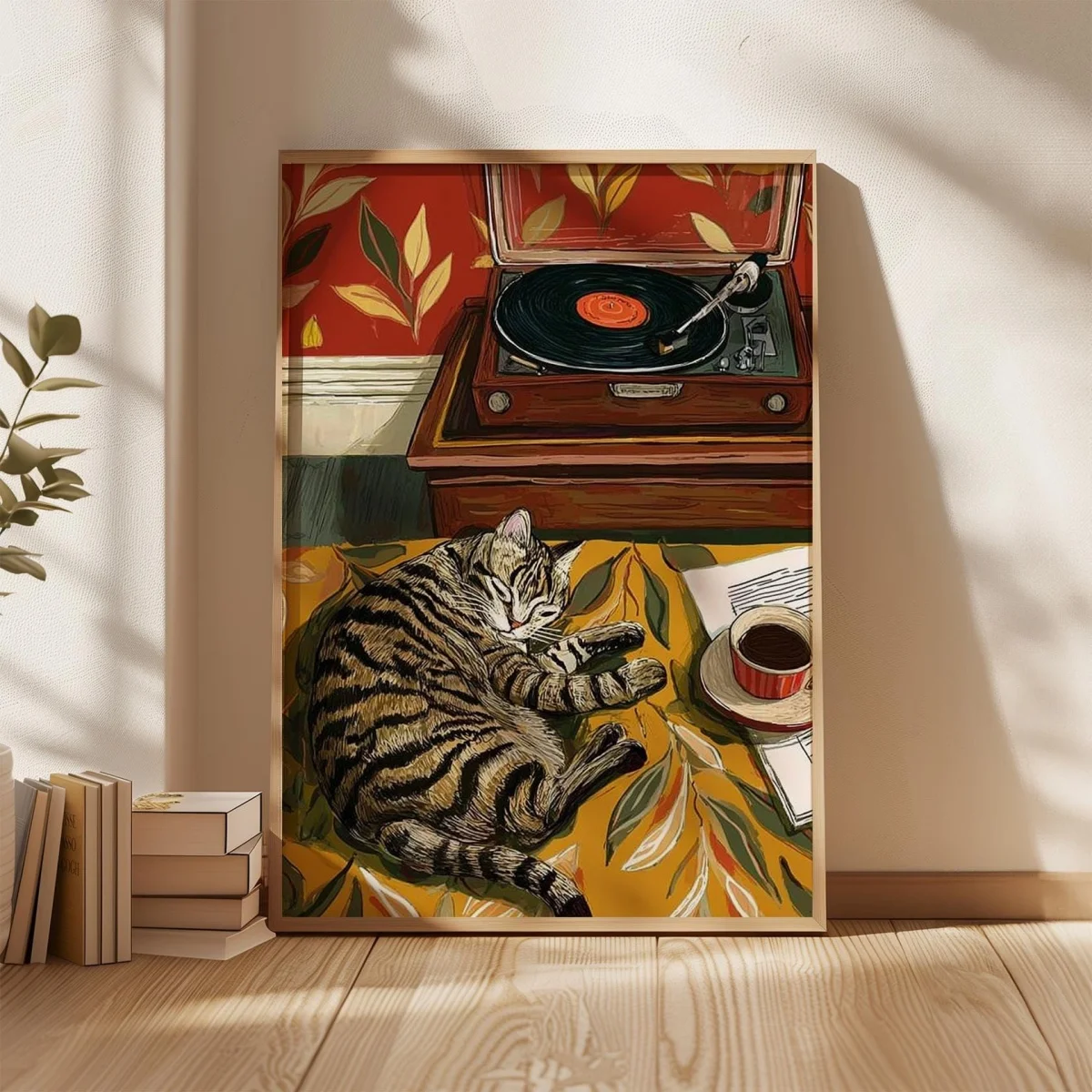 Retro Cat with Coffee Canvas Print Poster Vintage Record Player Art Print Living Room Bedroom Hallway Wall Art Home Decor Poster