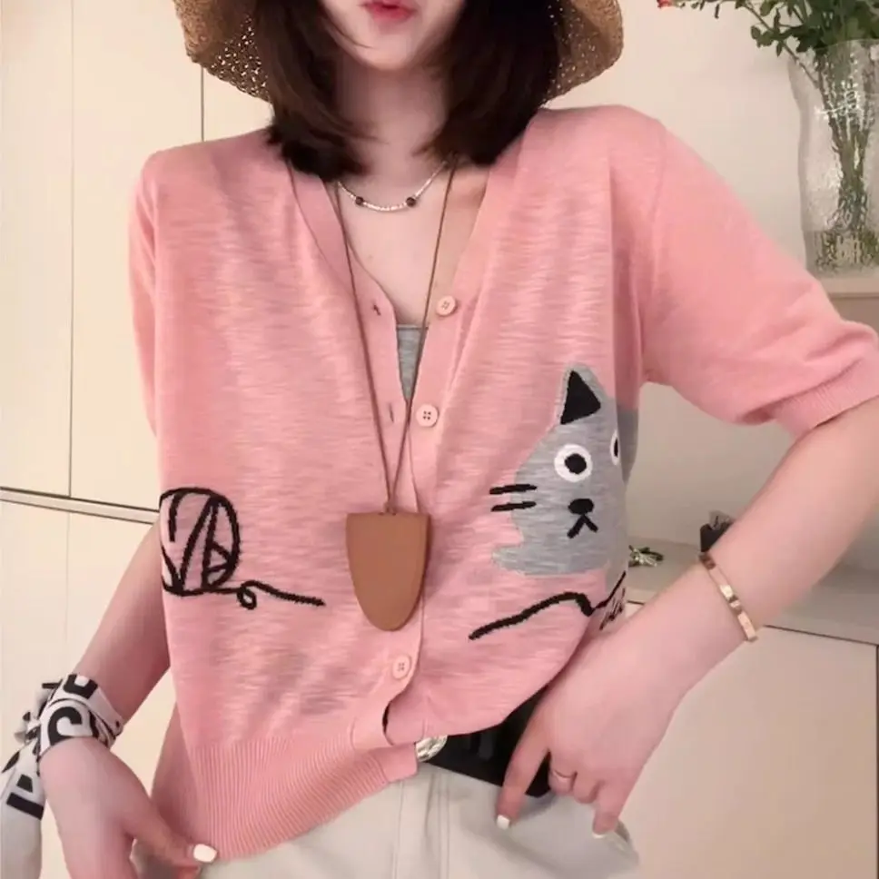 

Japanese Sweet Harajuku Preppy Cat Embroidery Knit Sweater Women Knitted Cardigan Short Sleeve Summer Tops Single-breasted Coat