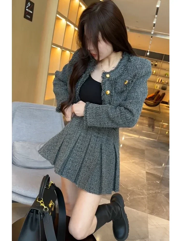 Elegant Tweed Short Coat Women's Fashion Set: 204 Spring Autumn New Refined High-waisted Skirt Two-piece Outfit Female Lady Coat