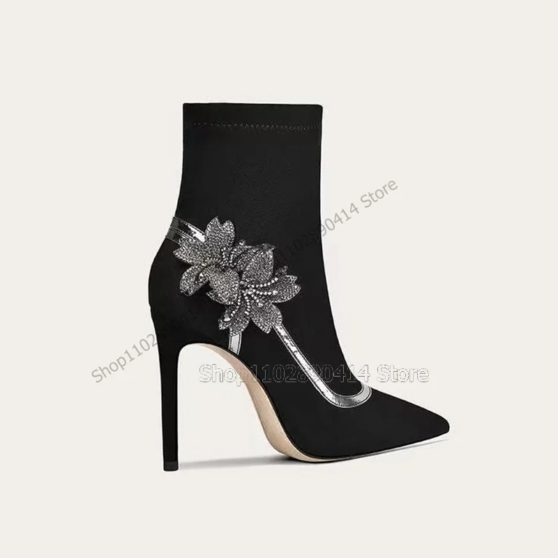 Silver Flower Decor Black Pointed Toe Boots Side Zipper Women Shoes Thin High Heels Sexy Fashion Feast 2023 Zapatos Para Mujere