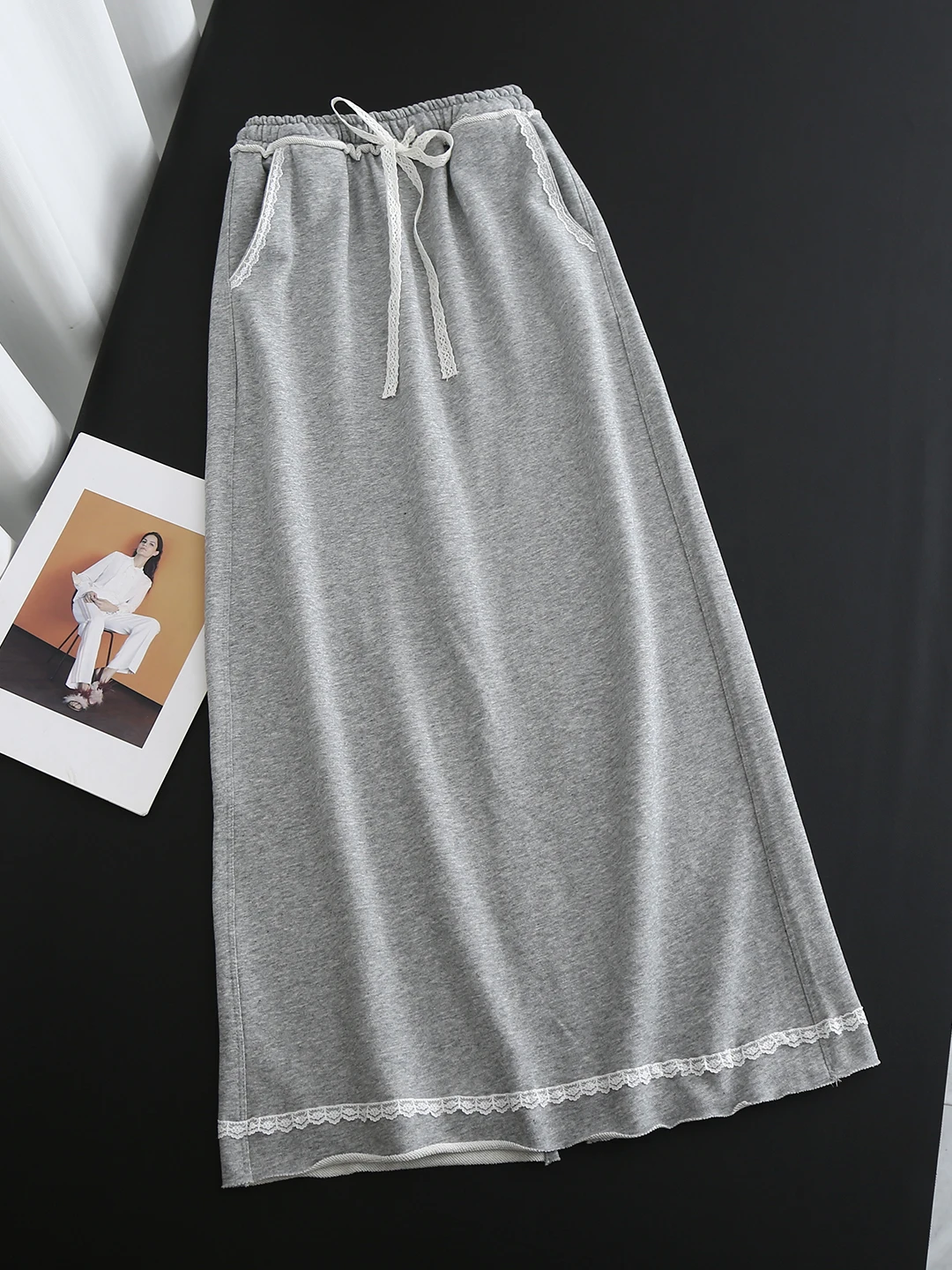 High Waist Lace Patchwork Color Block Drawstring Elastic Slimming Long Skirt Straight Cut Half Body Skirt for Women Summer New