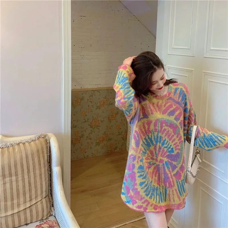 Nuove donne maglione sciolto corea Chic autunno inverno o-collo Pullover allentato Jacquard Design Casual Versatile Midi Pullover lavorato a maglia