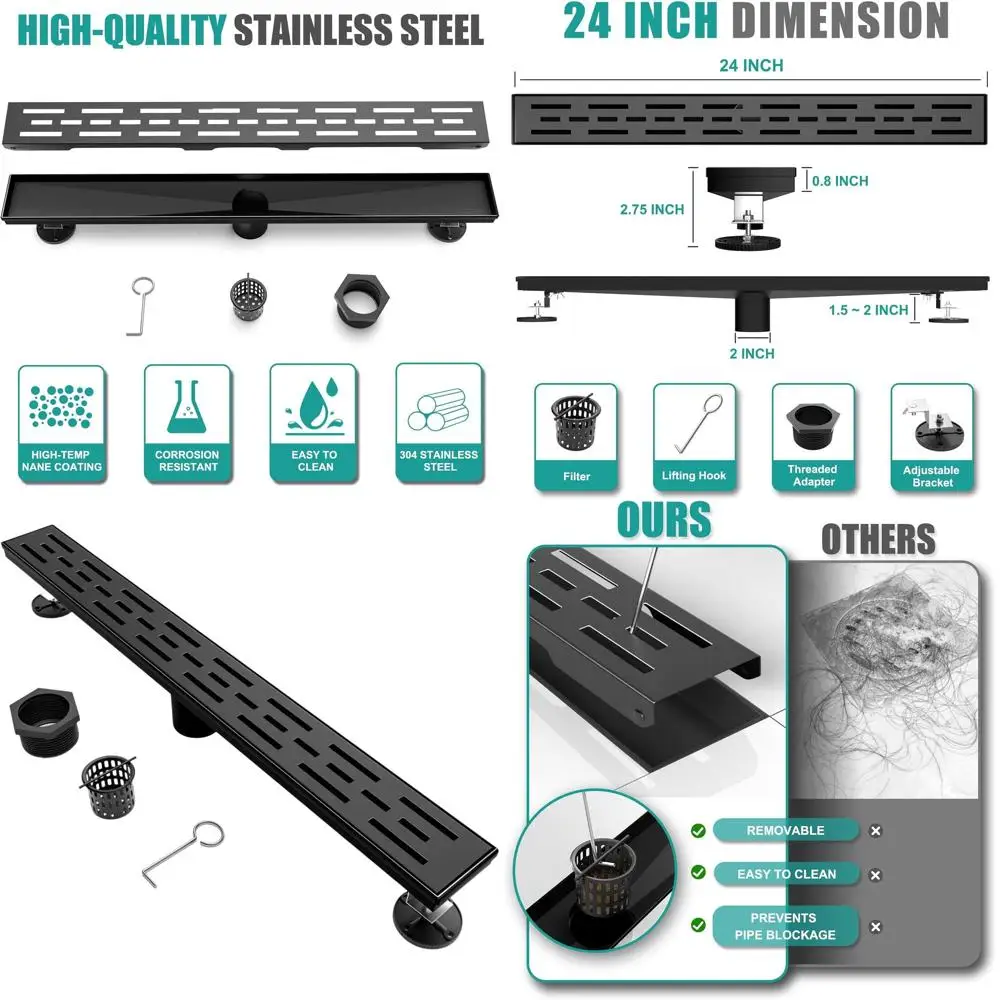 

24 Black Rectangular Linear Shower Drain with Brickwork Cover, 304 Stainless Steel, CUPC Certified Accessories