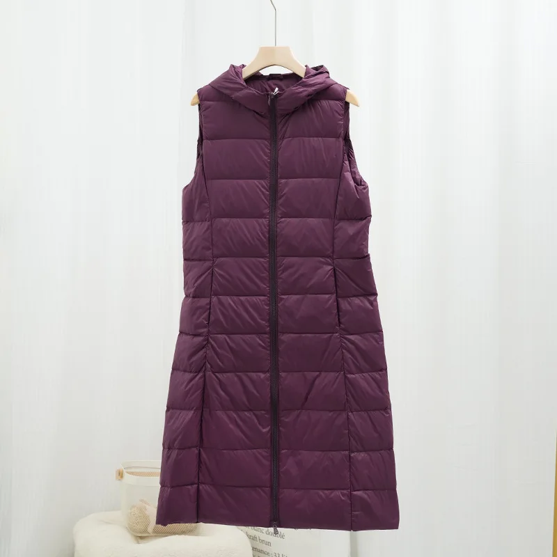 2025 Autumn Winter Women Hooded Down Waistcoat Ultra Light Thin White Duck Down Vest Parkas Female Sleeveless Bigsize Long Tank