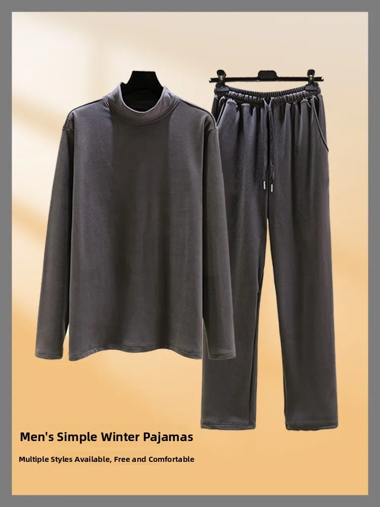 

Thickened Fleece Pajamas Men's Winter Sleepwear Long Sleeve Long Pants Loose Fit Home Clothes Set High Collar Casual Style