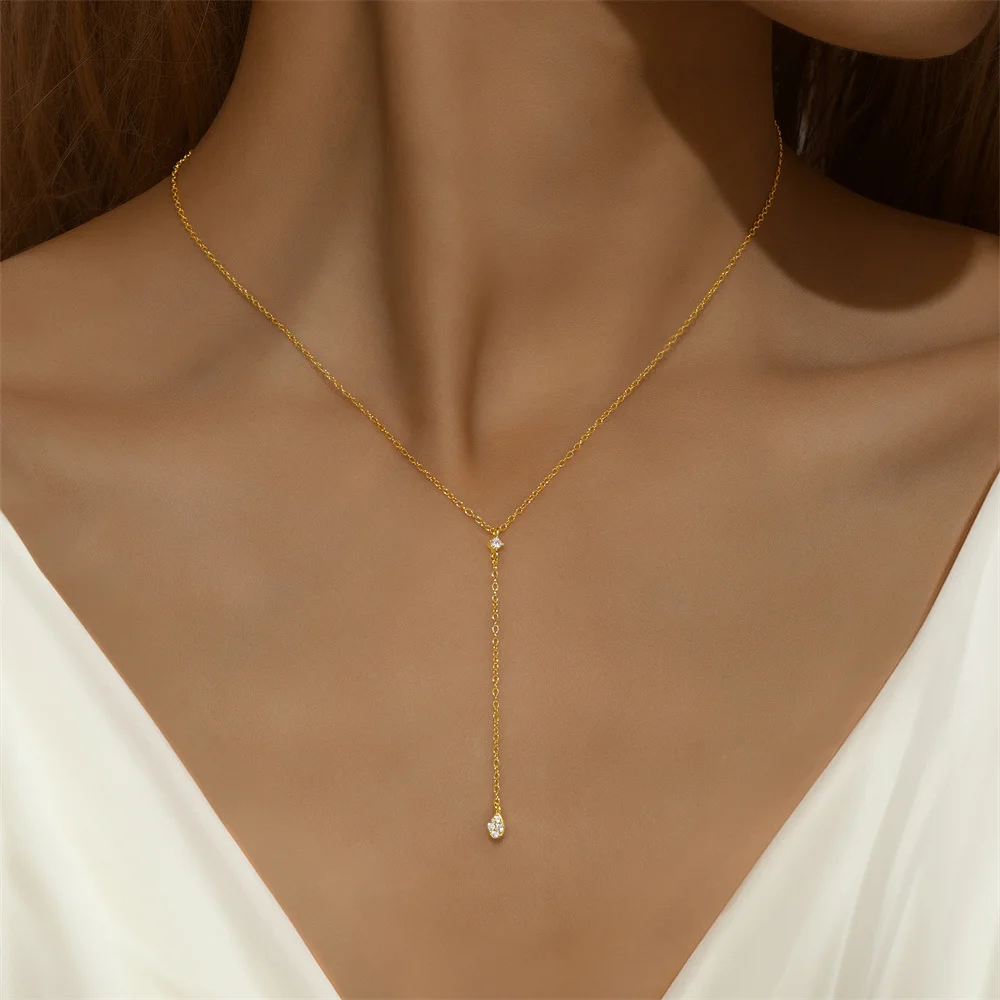 Aide 925 Sterling Silver Simple Zircon Choker Naszyjnik dla kobiet Moda Dwuwarstwowy Łańcuch Mały CZ Wisiorek Naszyjnik Klejnot Prezent — zdjęcie 4