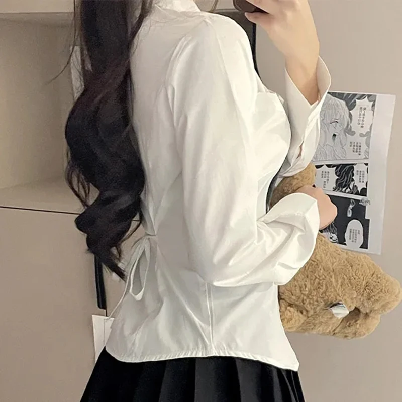 Women White Shirt Korean Preppy Style Long Sleeve Turn Down Collar Blouse Female JK Uniform Sexy Slim Sweet Tops Autumn