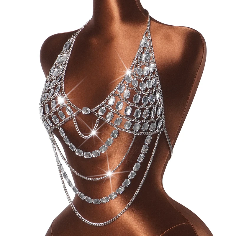 Damen Strass-Körperkette Top mit Neckholder, mehrschichtiges Kristall-Harness-Crop-Top, sexy Edelstein-Cami-Set für Damen – Detail 9