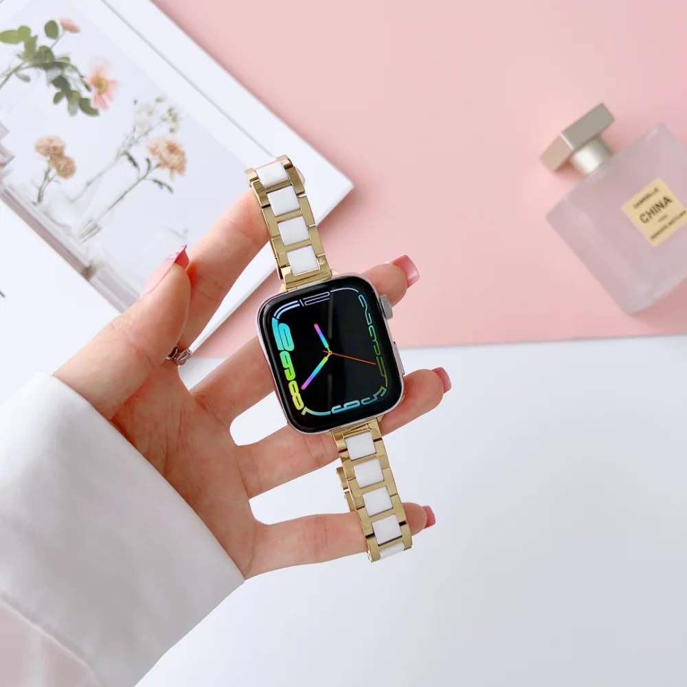 Pulseira de metal + cerâmica para apple watch band ultra 10 9 8 7 49mm 46mm44mm 40mm 45mm 41mm 42mm pulseira fina de aço inoxidável 6 5 4 se