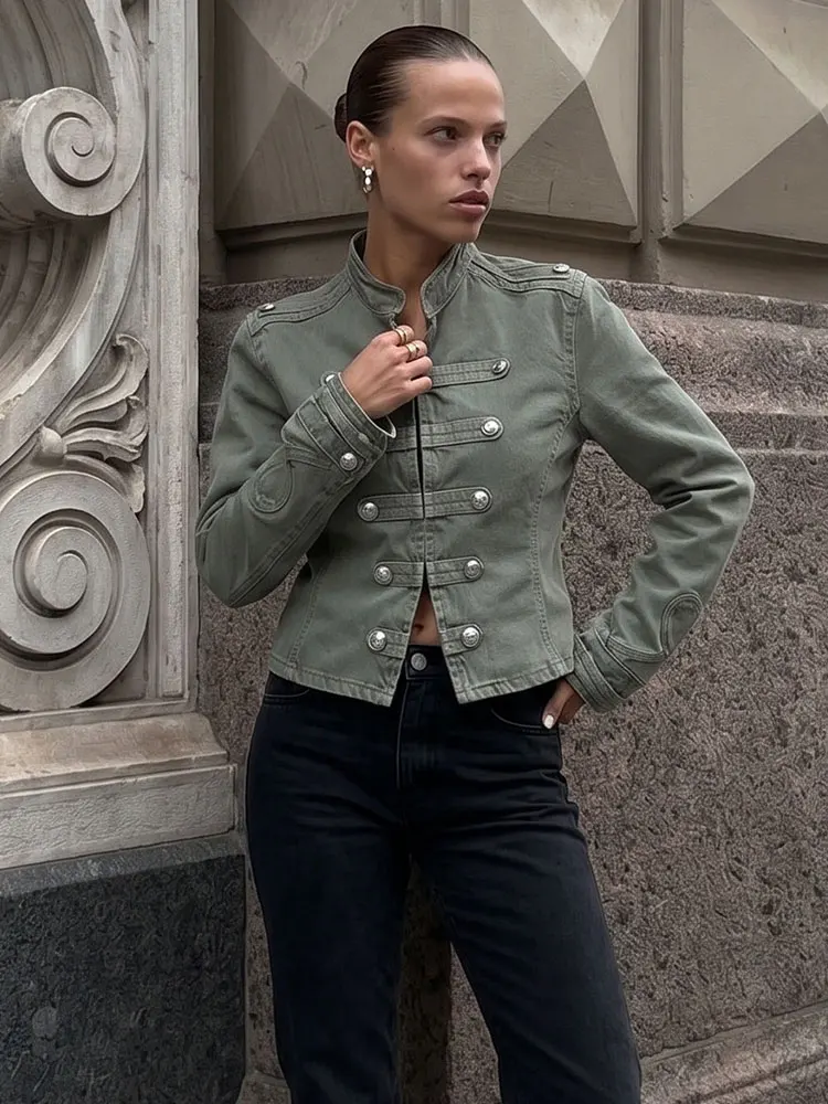 HH Women Buttons Decoration Cropped Coat Vintage Long Sleeve Jackets Elegant Fashion High Street Slim Outwear Green Denim Jacket