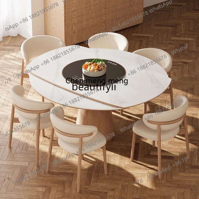 D178   Folding table Solid wood dining table Embedded turntable Induction cooker Dual-purpose retractable rock slab