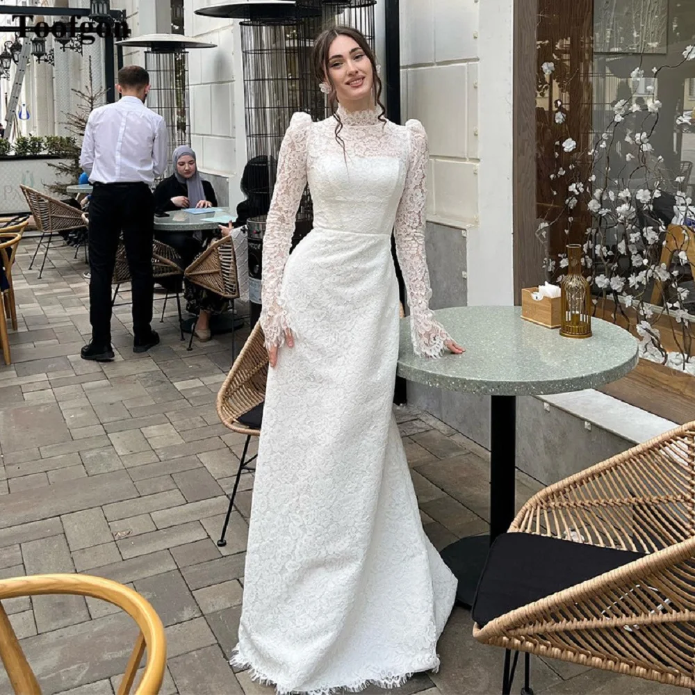 Toofan Zarte Spitze Formelle Brautkleider Lange Ärmel Stehkragen Knöpfe Brautkleider Braut Hochzeit Party Kleider Maßgeschneidert