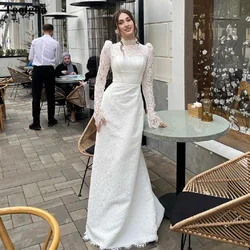 Toofgon Delicate Lace Formal Wedding Dresses Long Sleeves High Neck Buttons Bridal Gowns Bride Wedding Party Gowns Customized