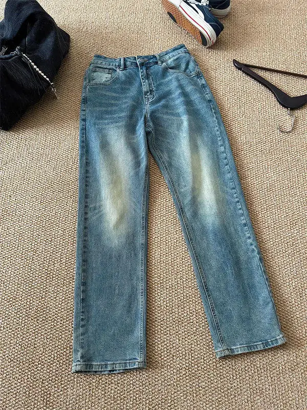 

Retro Blue Waed Straight Leg Jeans American Vibe High Waist Slimming Spring Men's Trendy Brand Cool Straight Cotton Blend