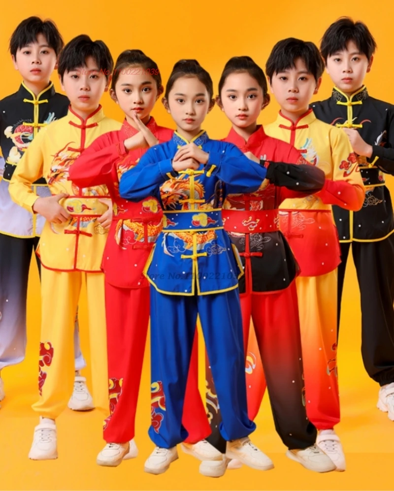 

2024 traditional chinese childen vintage wushu kung fu costume tai chi kungfu set dragon print martial art training exercise set