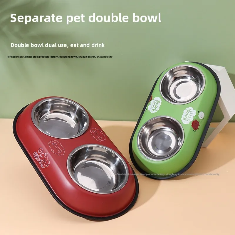 Stainless steel double bowl cartoon cat bowl anti-knock dog food basin drinking water feeder removable pet supplies