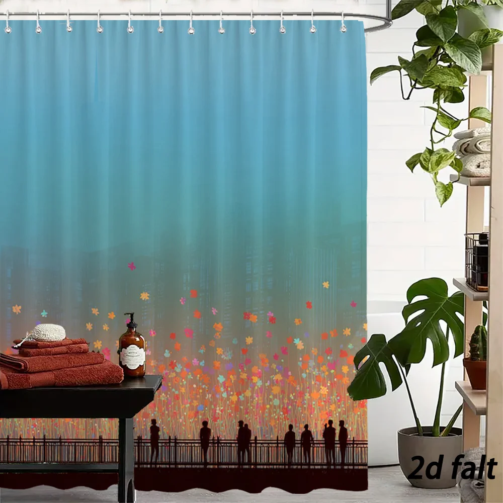 Vibrant Sunset Flower Field Cityscape Shower Curtain for Bathroom Decor