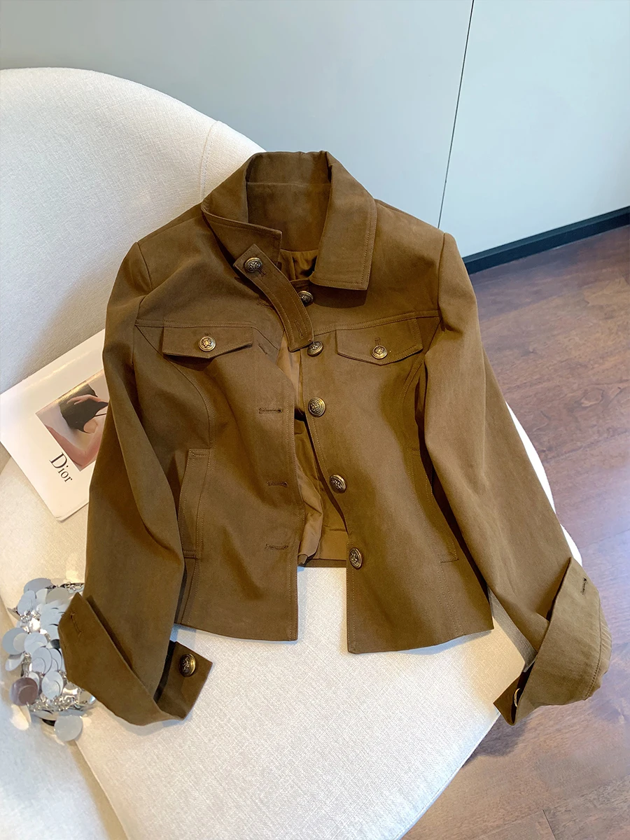 

Ретро коричневый воротник ort Casual Jaet Мужчины Женщины Осень Высококачественный универсальный утягивающий топ Теплый длинный свеч Чистый цвет на пуговицах